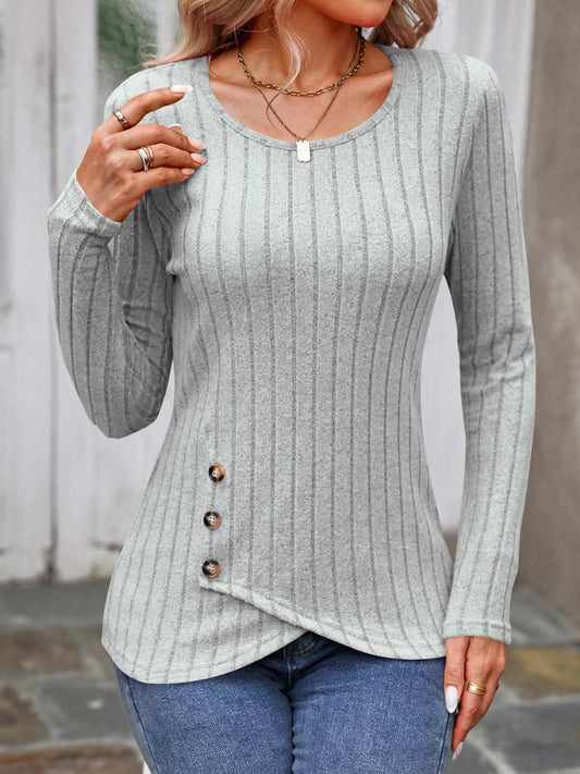 Decorative Button Round Neck Long Sleeve T-Shirt Gray