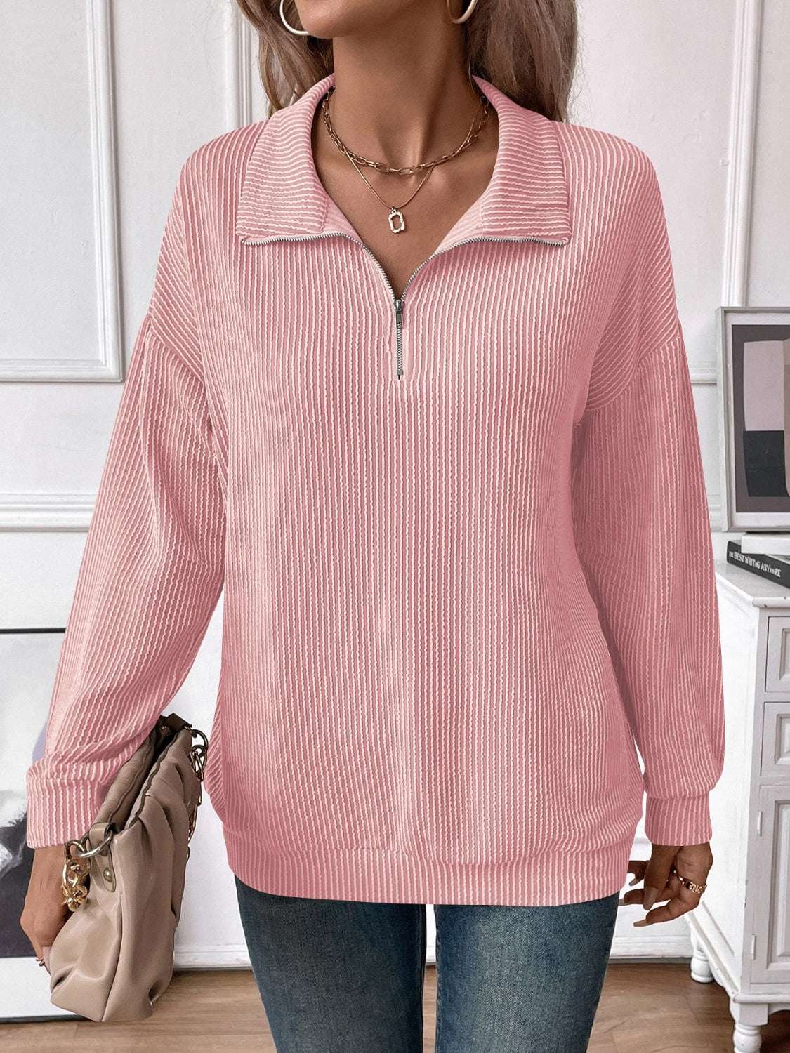 Double Take Striped Half Zip Long Sleeve T-Shirt Success Dusty Pink