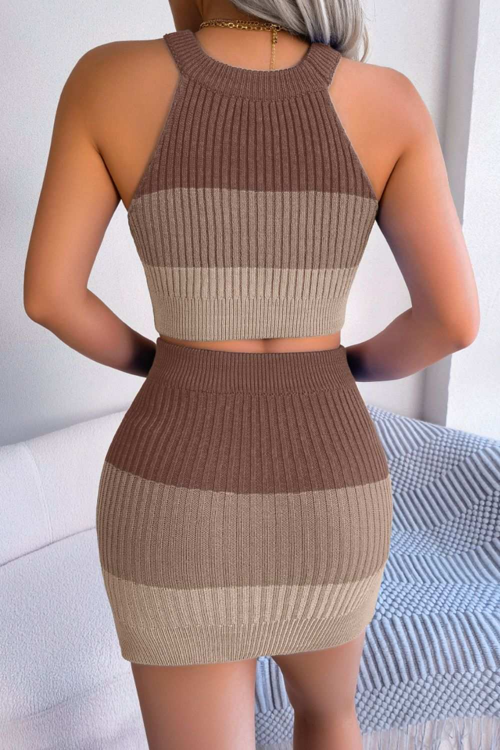 Color Block Sleeveless Crop Knit Top and Skirt Set Brown