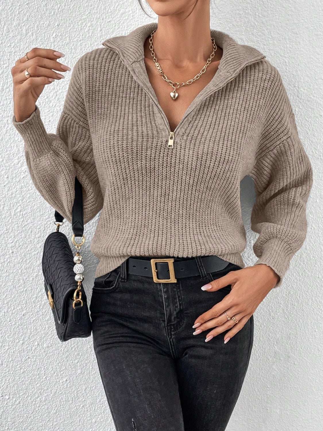 Honey Half Zip Dropped Shoulder Sweater Taupe