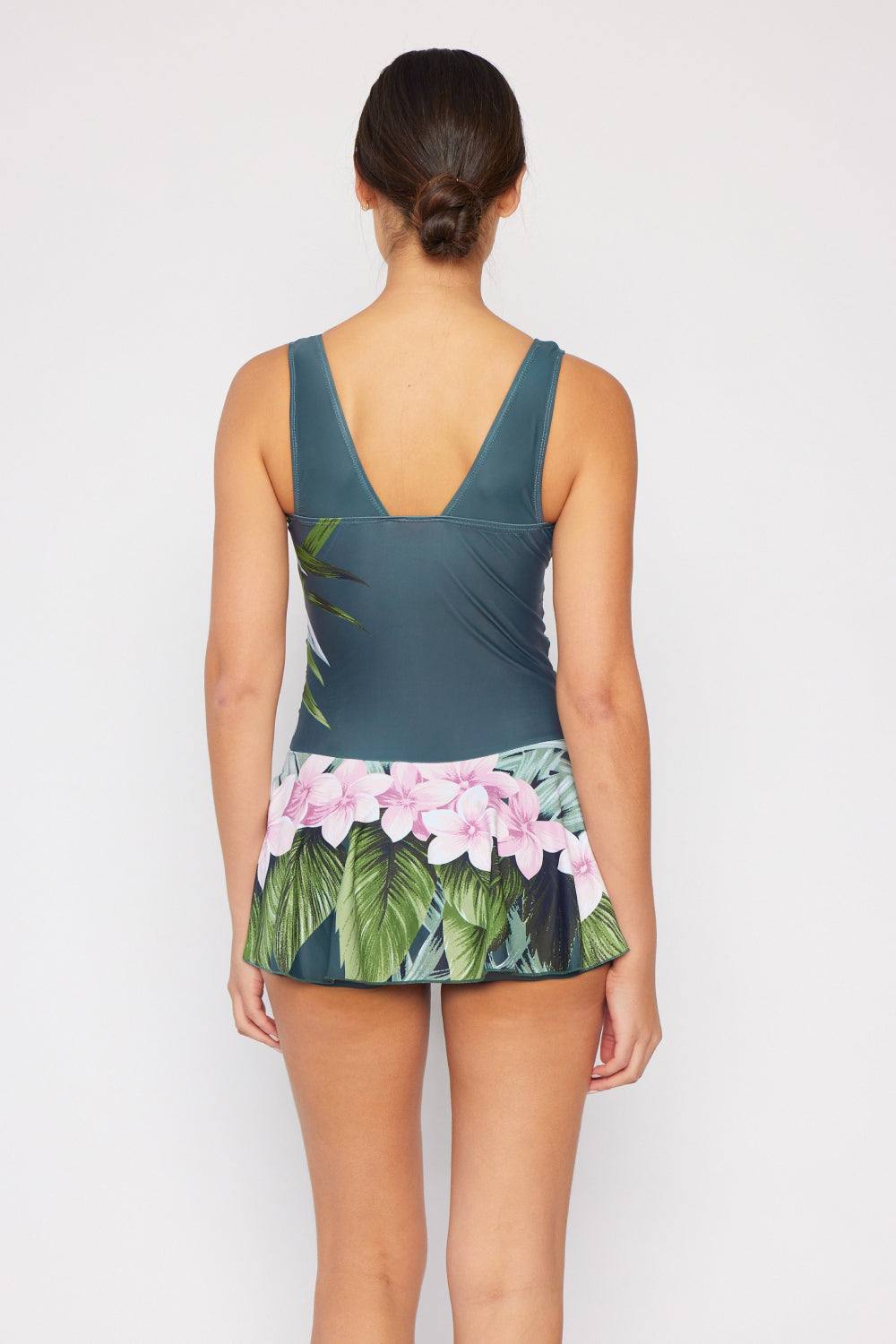 Marina West Swim Full Size Clear Waters Swim Dress in Aloha Forest with floral pattern and ruffle detail.