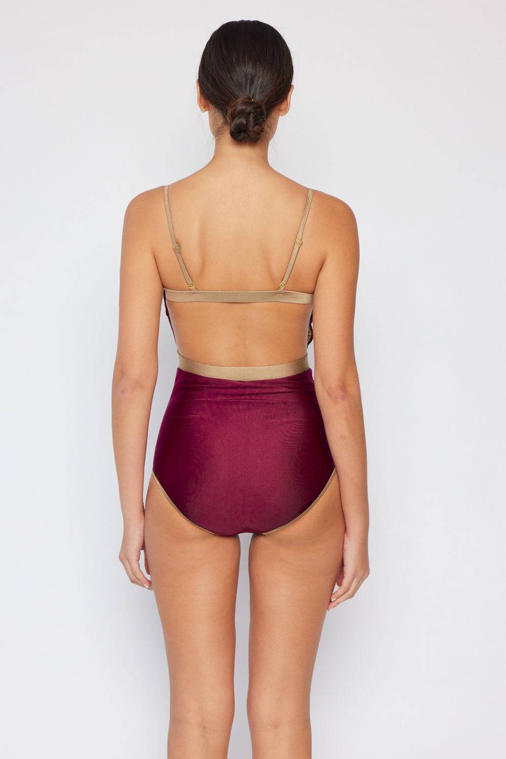 Marina West Swim Wave Break contrast trim one-piece swimsuit in wine with open-back detail.