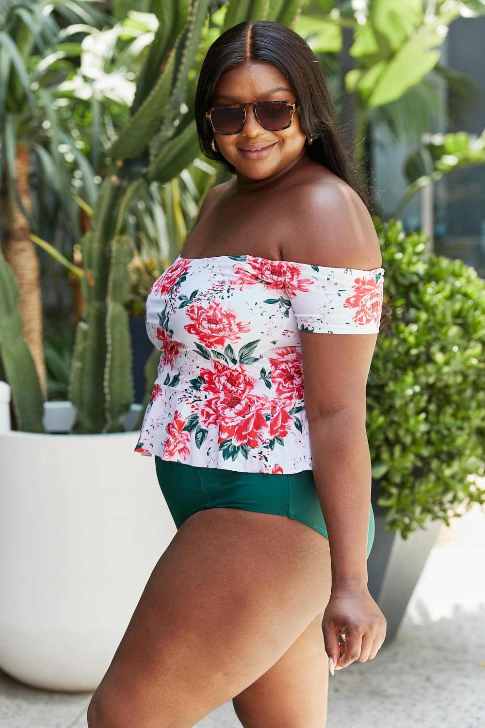 Floral off-shoulder tankini top with high-waisted green bottoms, Marina West Swim Coastal Cutie.