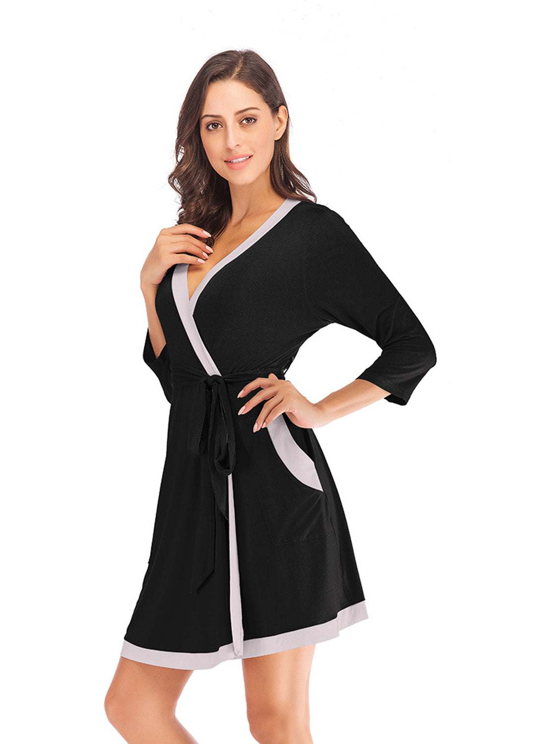 Tie Waist Surplice Neck Robe with Pockets, black with contrast trim.