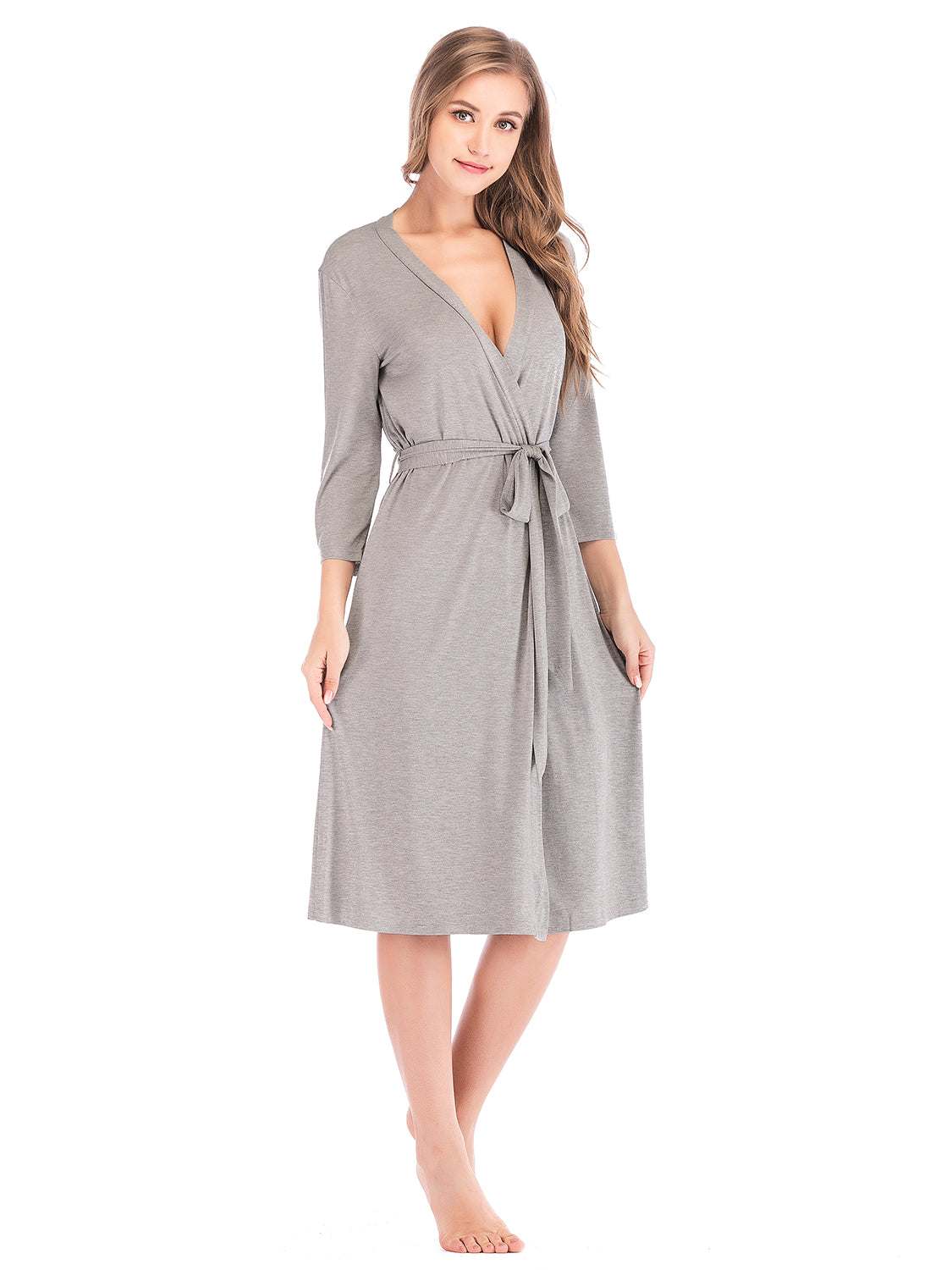 Gray plunge tie front night dress with three-quarter sleeves, shown on model.