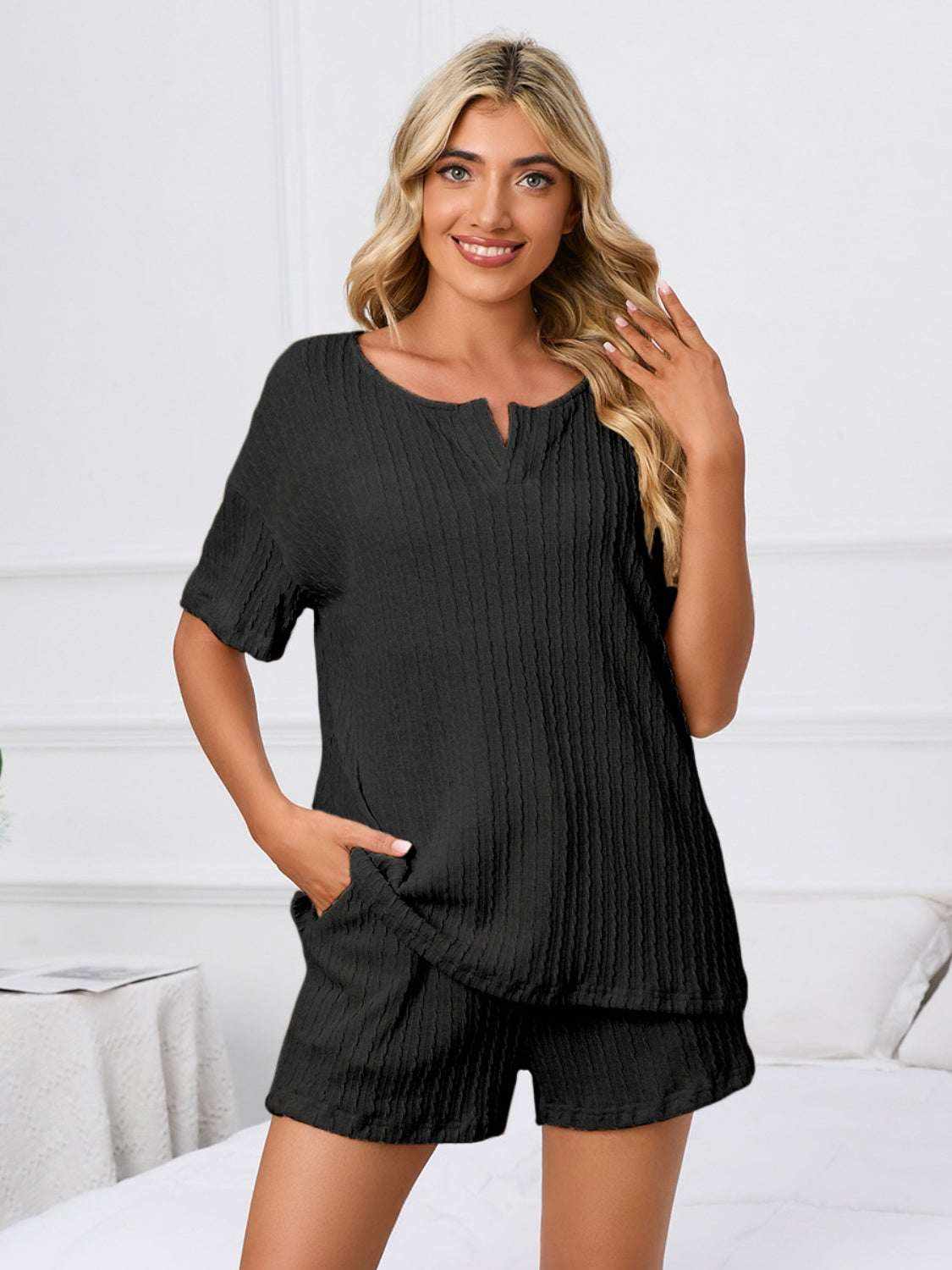 Black notched short sleeve and shorts lounge set, casual and comfortable fit.