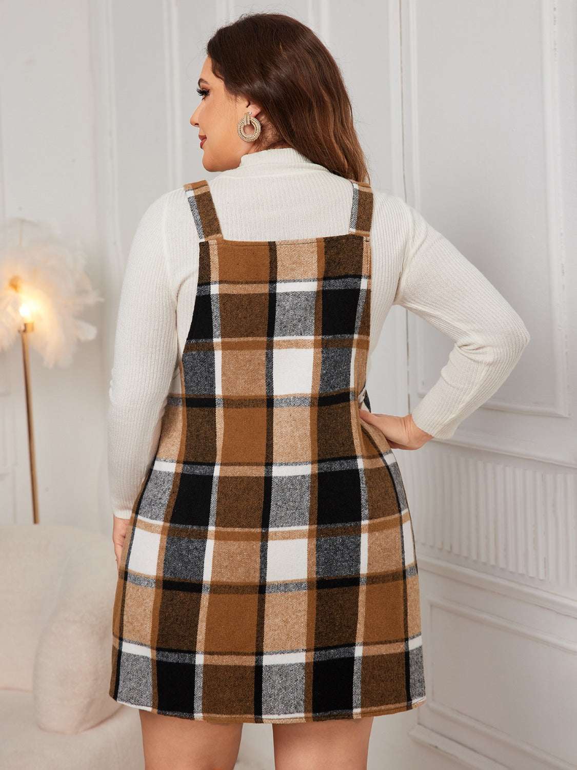 Honey Plus Size Plaid Wide Strap Overall Dress Caramel