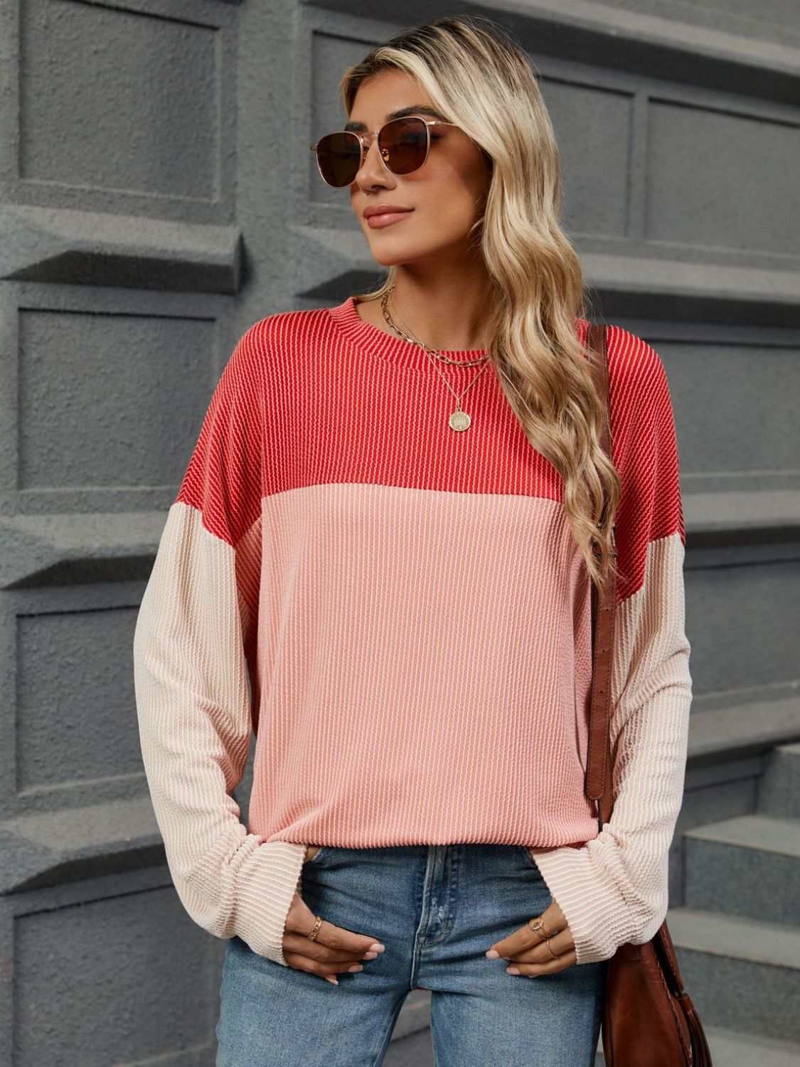 Double Take Contrast Round Neck Long Sleeve T-Shirt Strawberry