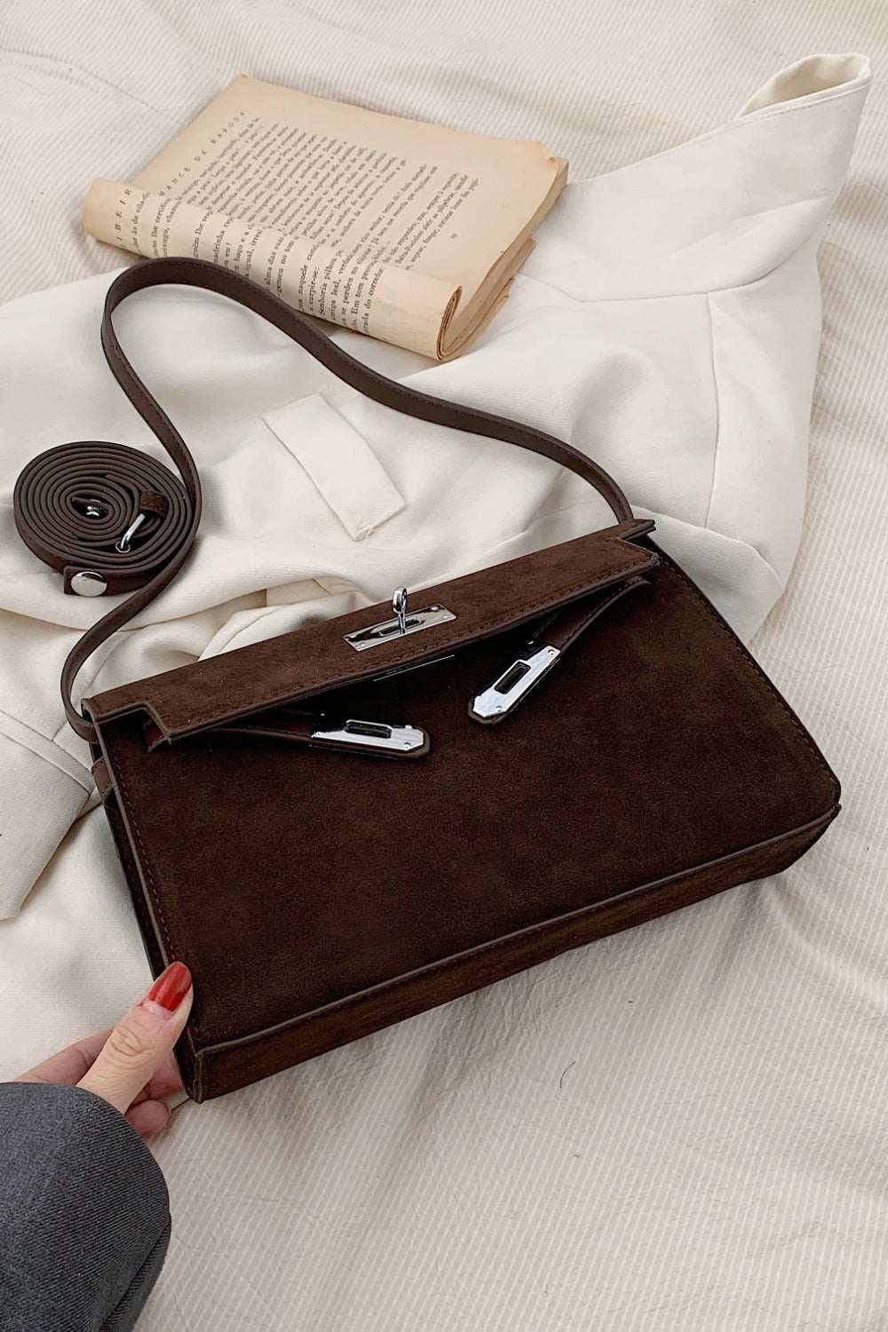 Suede PU leather strap shoulder bag, small size, brown color.