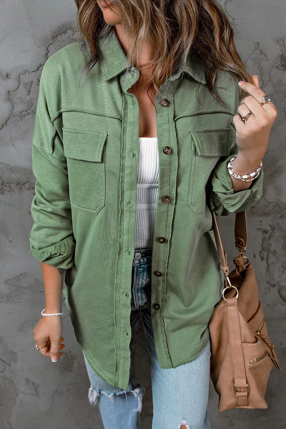 Button Front Shacket with Pockets Green