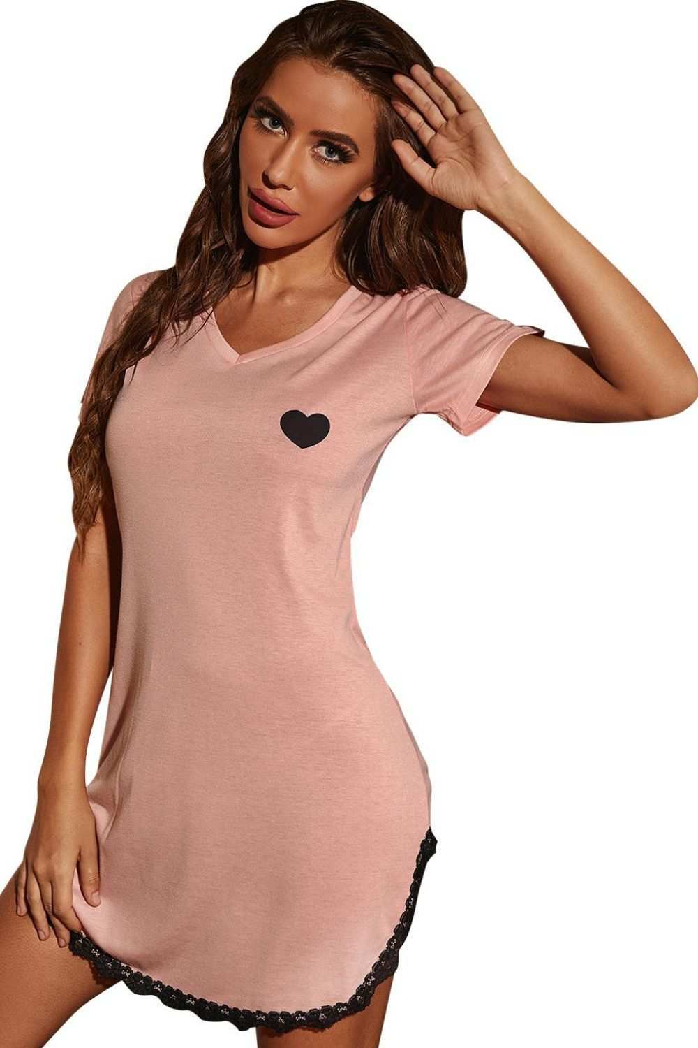 Heart Graphic Lace Trim Night Dress with V-neck and short sleeves.