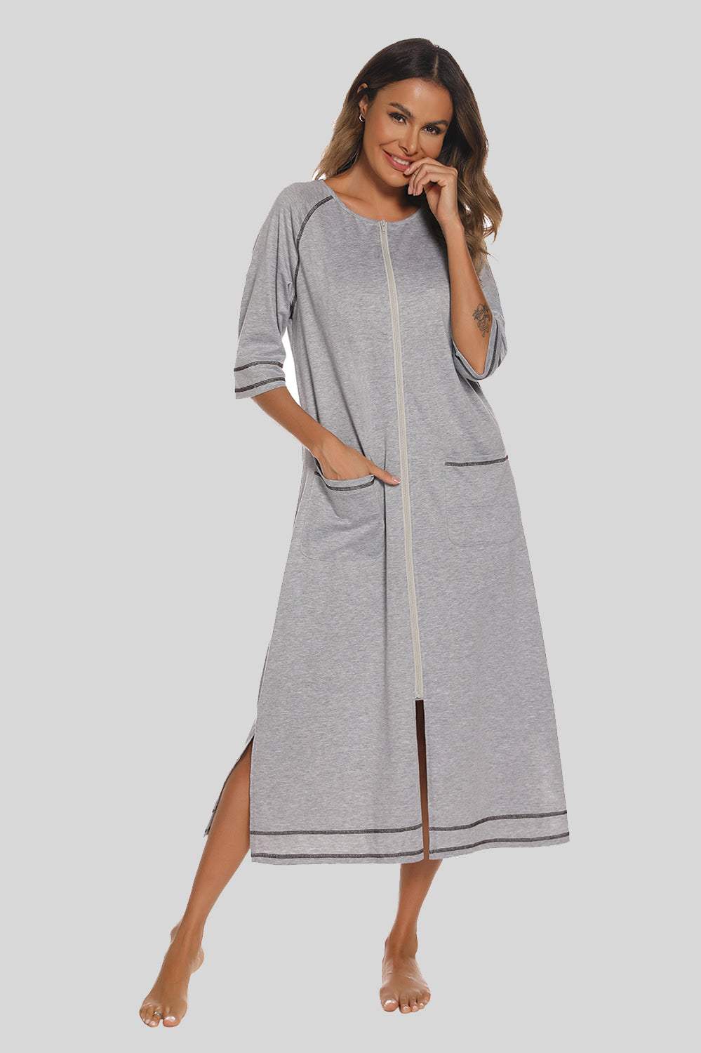 Zip up slit round neck night dress with pockets in gray, slightly stretchy cotton blend.