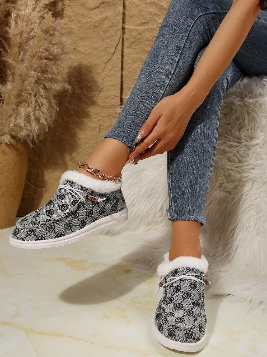 Printed Round Toe Flat Slip-Ons with faux fur and cotton material.