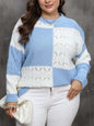 Plus size openwork color block long sleeve sweater in blue and white.