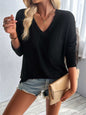 Double Take Pocketed Textured V-Neck Long Sleeve T-Shirt Black