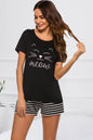 Women's graphic round neck top and striped shorts lounge set, black "meow" print, basic style, two-piece, stretchy fabric.