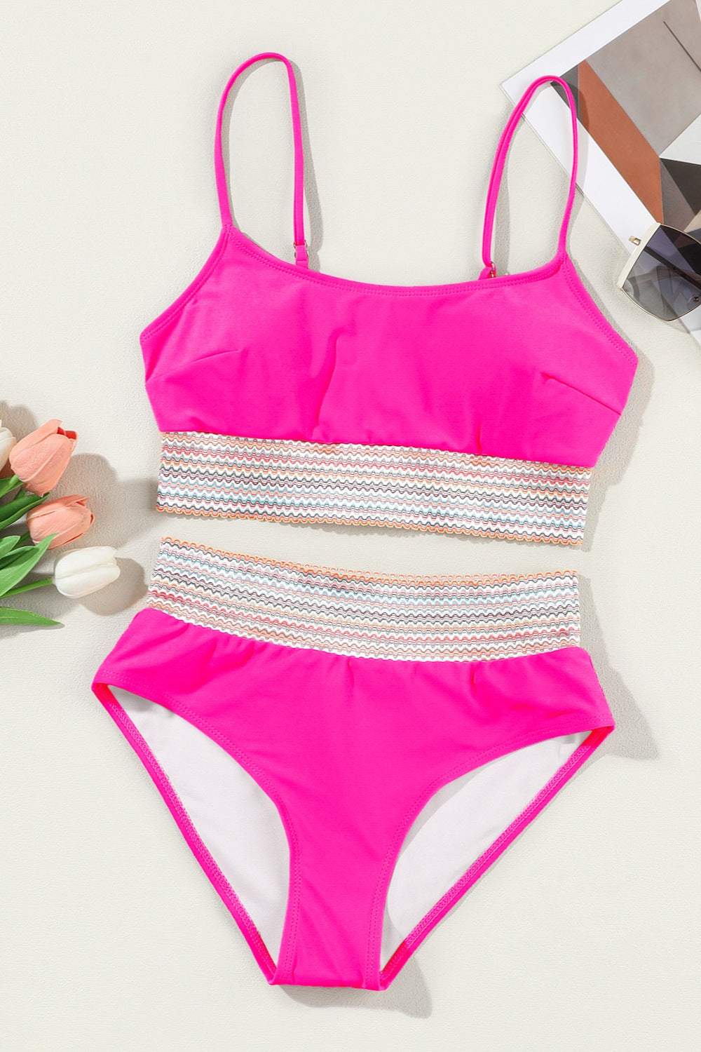 Scoop neck spaghetti strap two-piece swim set in bright pink with removable chest padding, stretchy material, and no underwire.