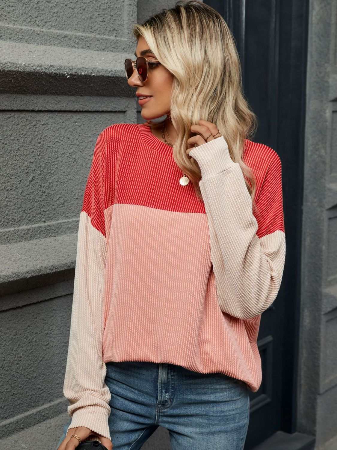 Double Take Contrast Round Neck Long Sleeve T-Shirt Strawberry