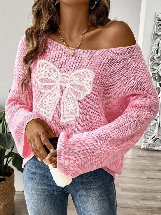 Pink bow boat neck long sleeve sweater, slightly stretchy 100% polyester, basic style.