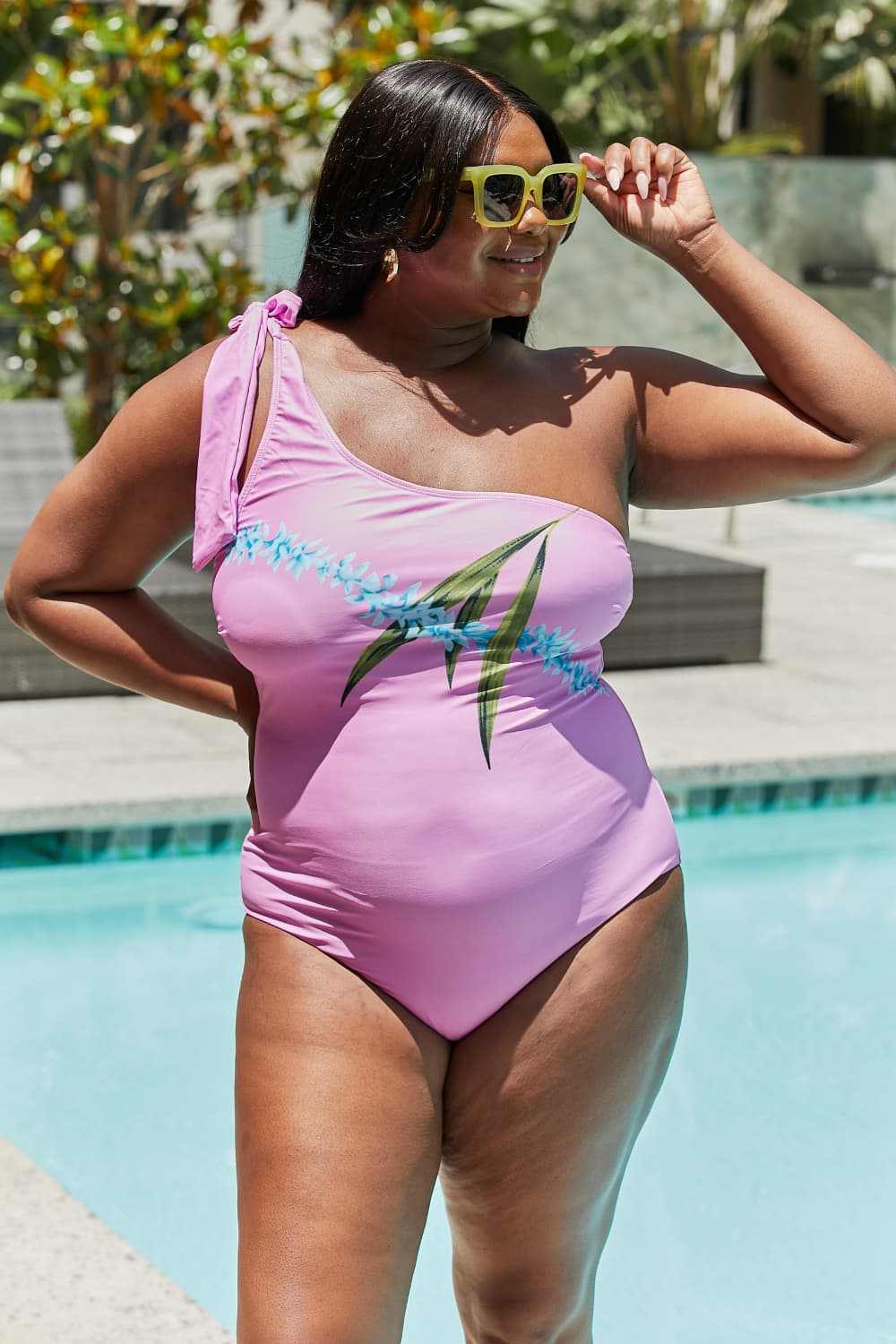 Marina West Swim Vacay Mode asymmetrical pink one-shoulder swimsuit with tie detail.