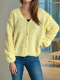 Button Down V-Neck Long Sleeve Cardigan in yellow, slightly stretchy fabric.