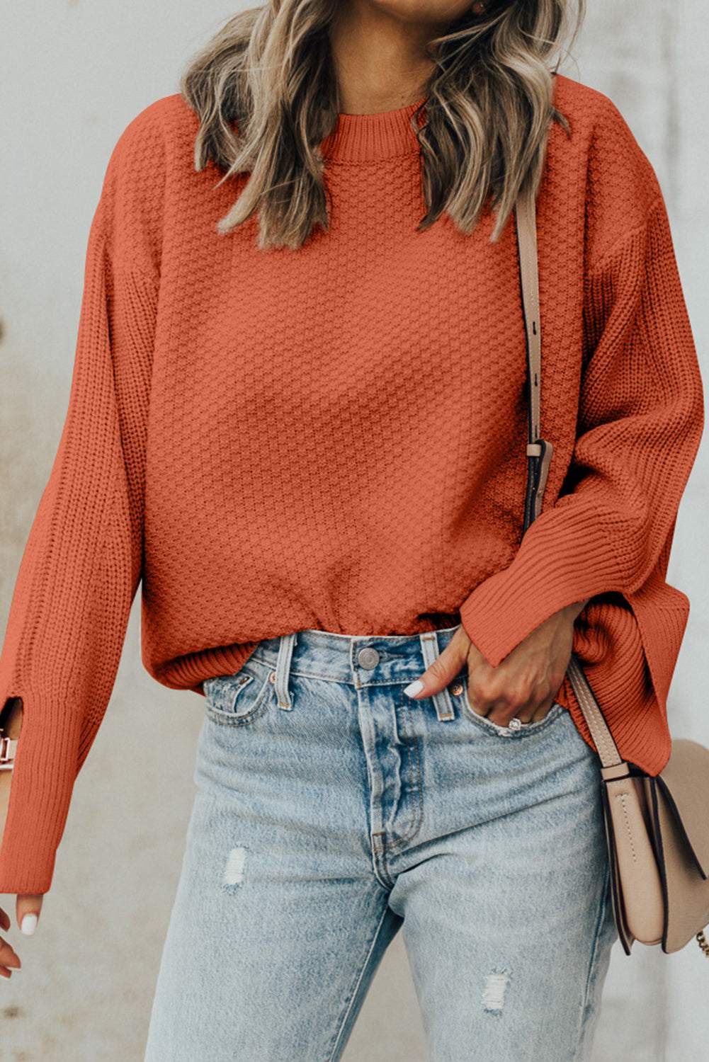 Textured Round Neck Long Sleeve Sweater Ochre