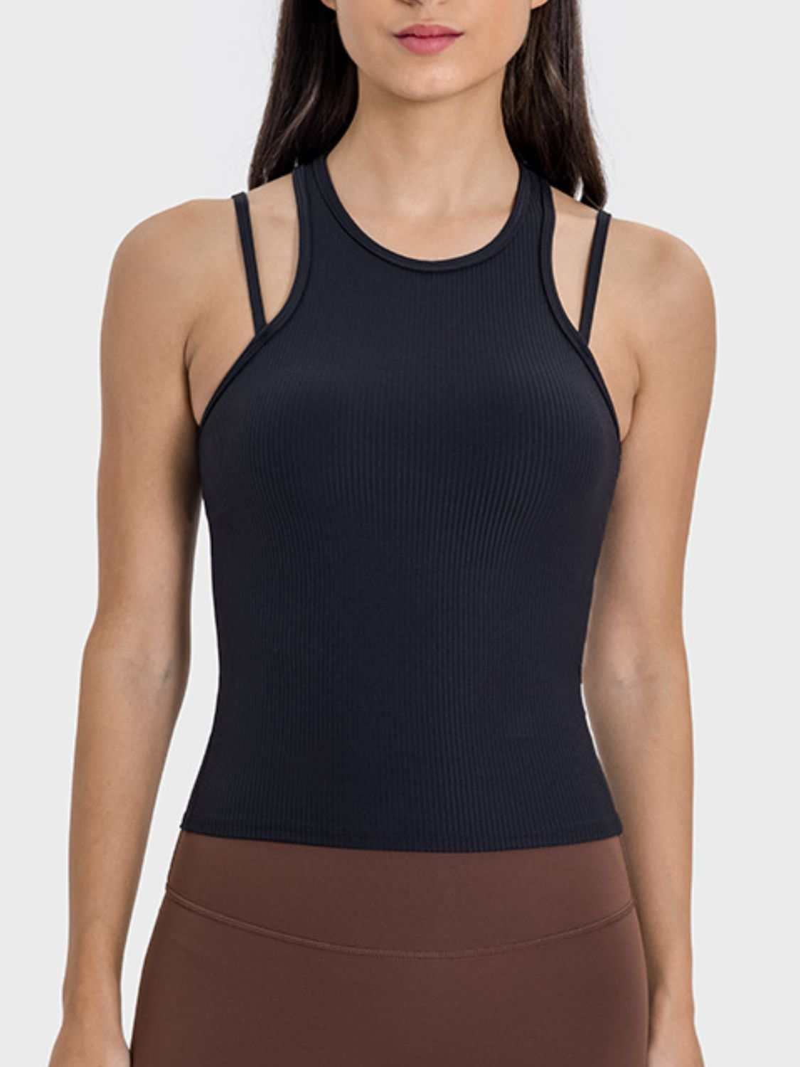 Millennia Cutout Round Neck Racerback Active Tank in black with moderate stretch.