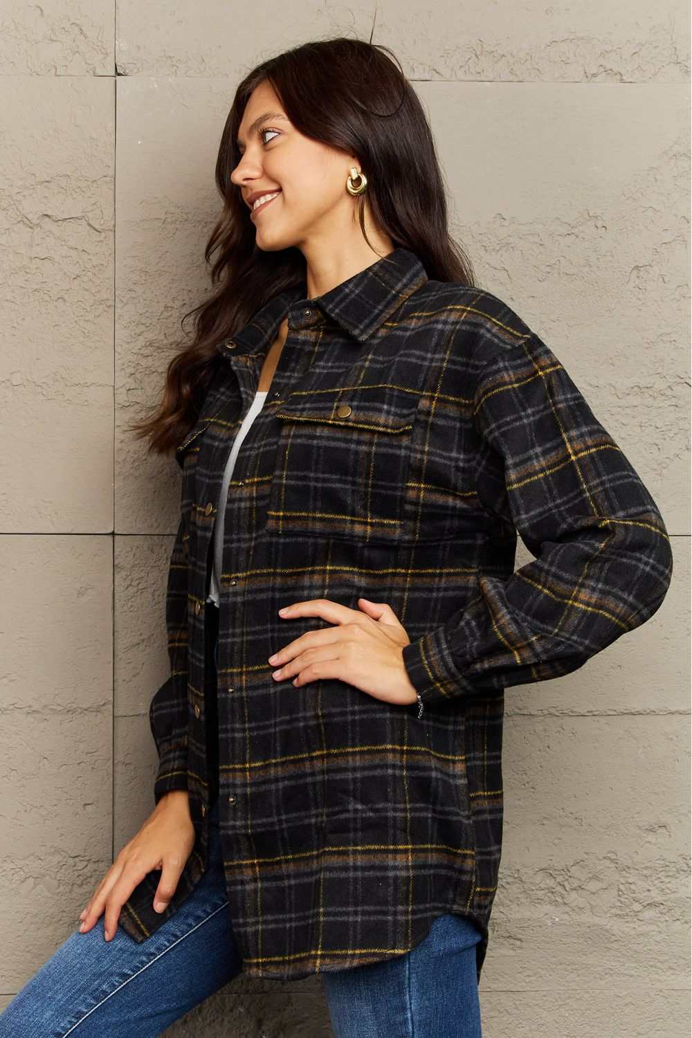 Ninexis Full Size Plaid Collared Neck Button-Down Long Sleeve Jacket Black