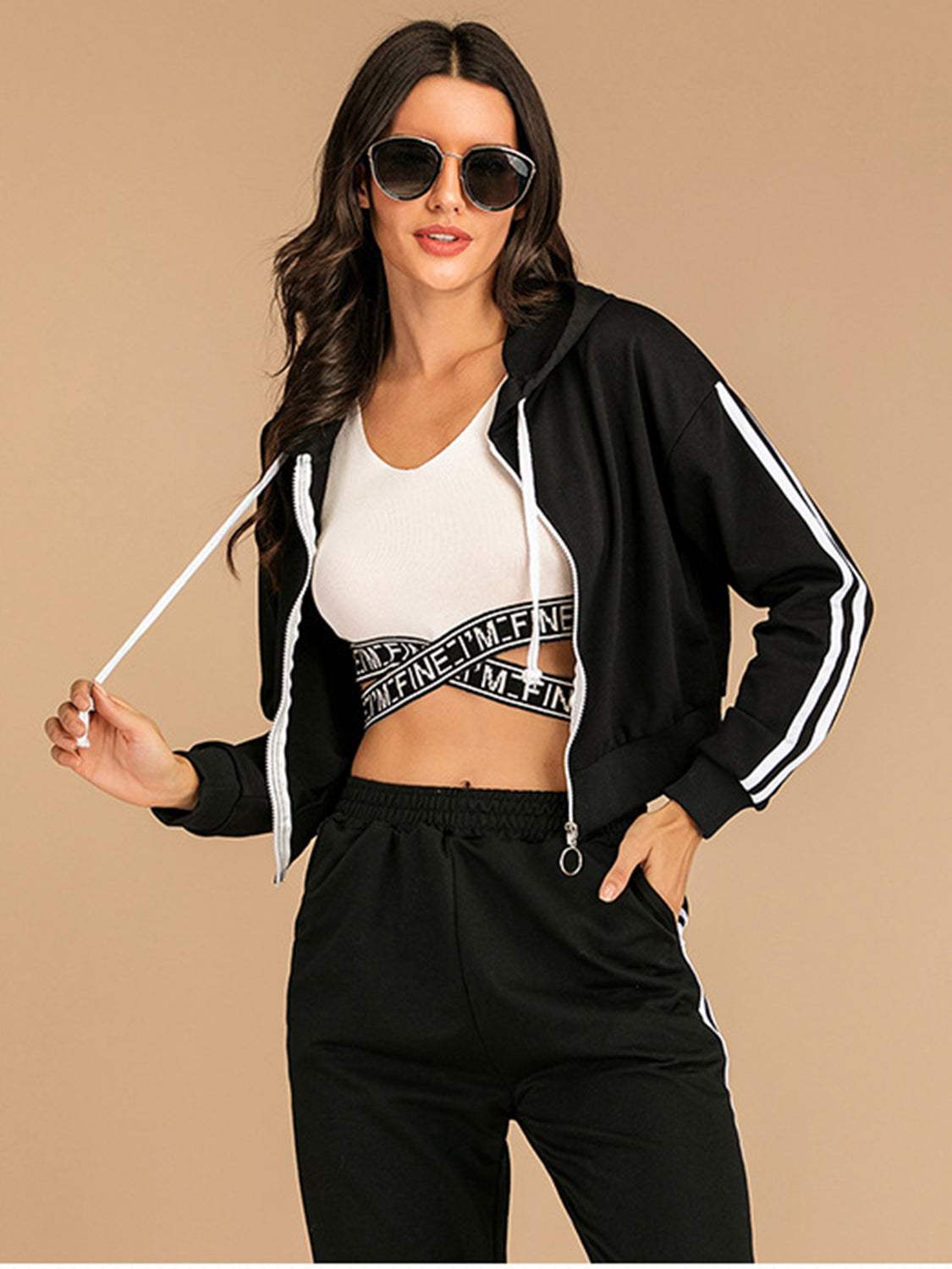 Perfee Drawstring Side Stripe Zip Up Hooded Two-Piece Set with Pocketed Design