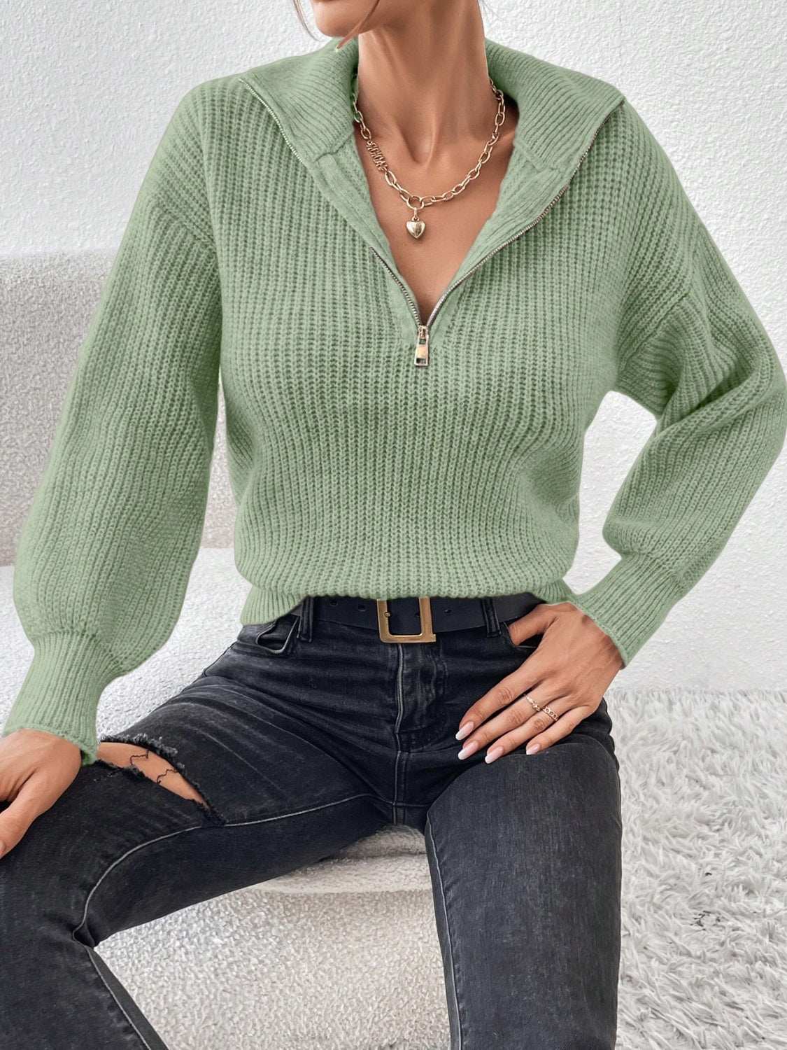 Honey Half Zip Dropped Shoulder Sweater Matcha Green