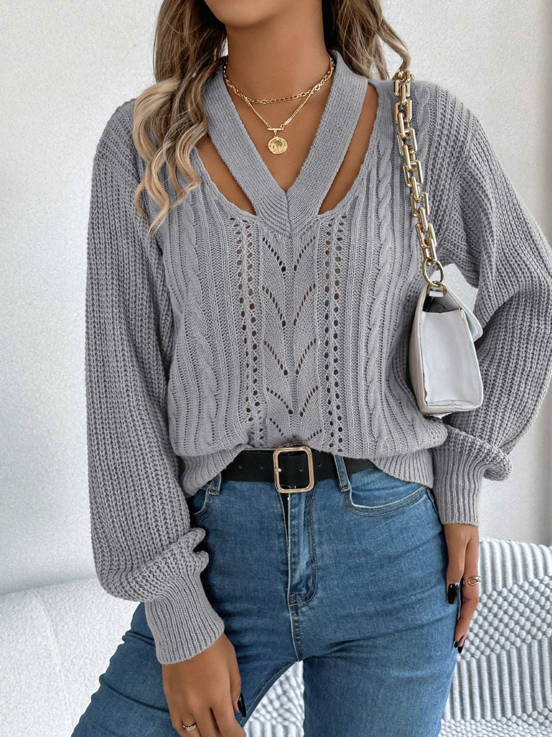 Cutout V-Neck Long Sleeve Sweater Gray