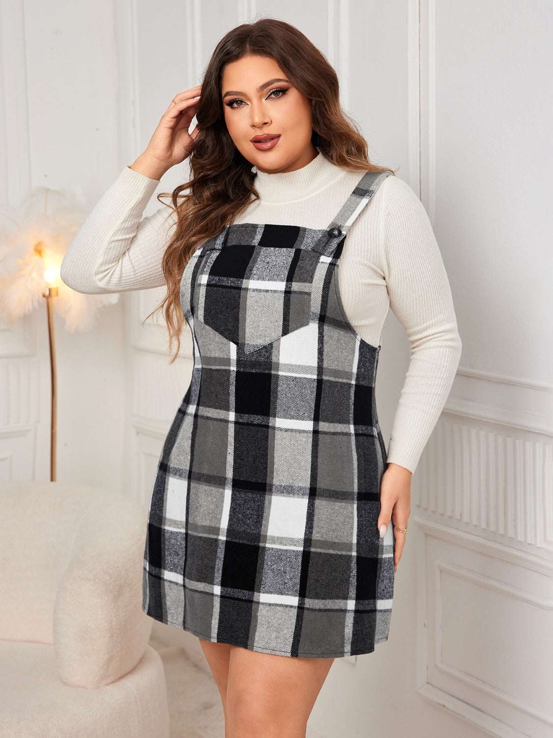 Honey Plus Size Plaid Wide Strap Overall Dress Black