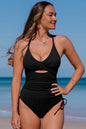 Cutout V-Neck Spaghetti Strap One-Piece Swimwear with crisscross design and removable padding in black.