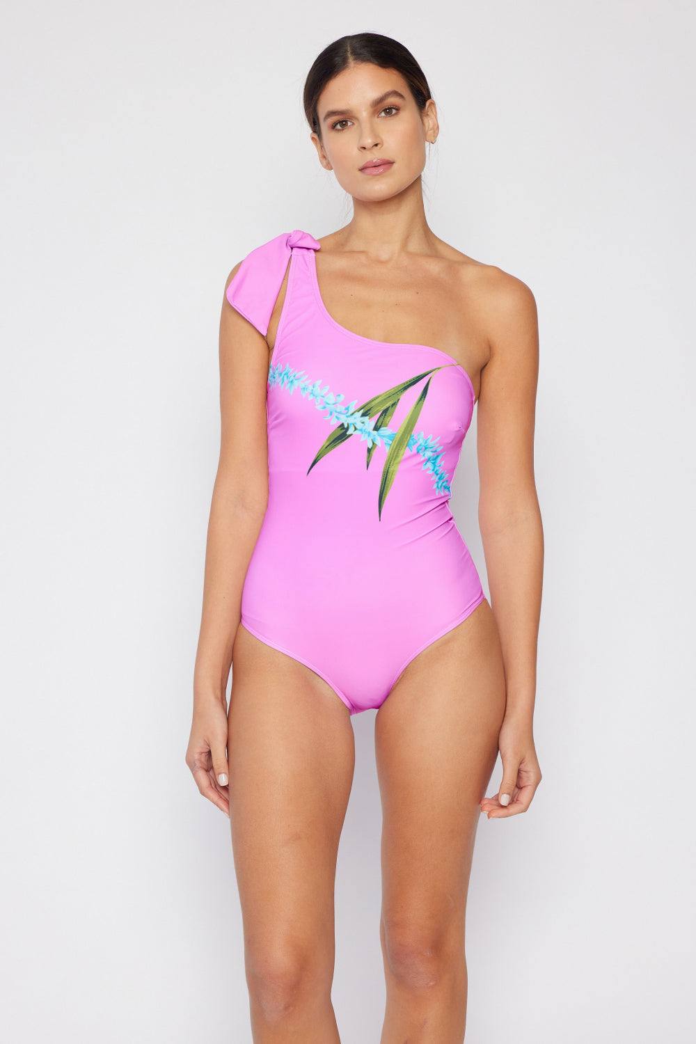 One shoulder pink graphic swimsuit with tie detail by Marina West Swim.