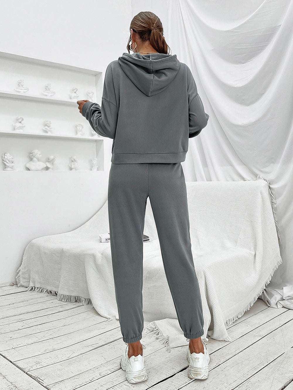 Ivy Lane Sports Hoodie and Joggers Set, gray, two-piece casual outfit for outdoor activities, 100% polyester material.