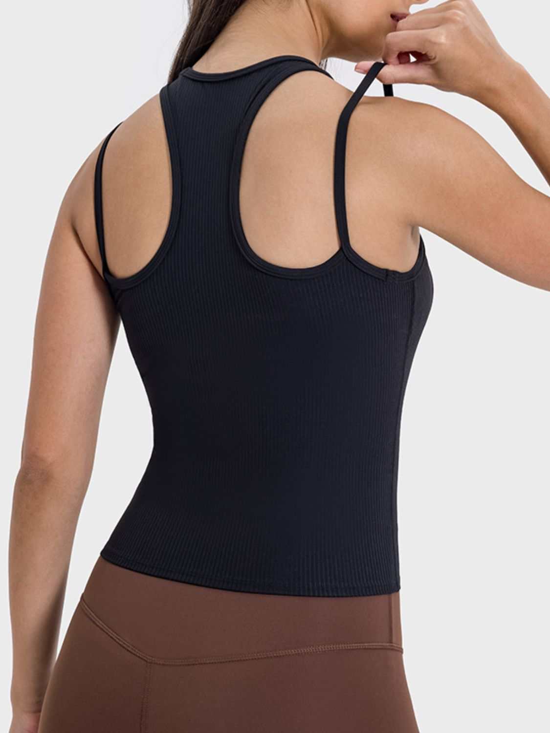 Millennia Cutout Round Neck Racerback Active Tank, black, moderate stretch, back view.