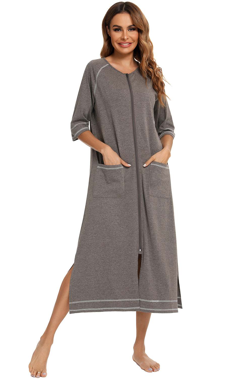 Zip up slit round neck night dress with pockets, slightly stretchy, cotton-polyester blend.