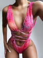 Lace-up backless plunge one-piece swimwear in pink with a basic style and stretchy fit.