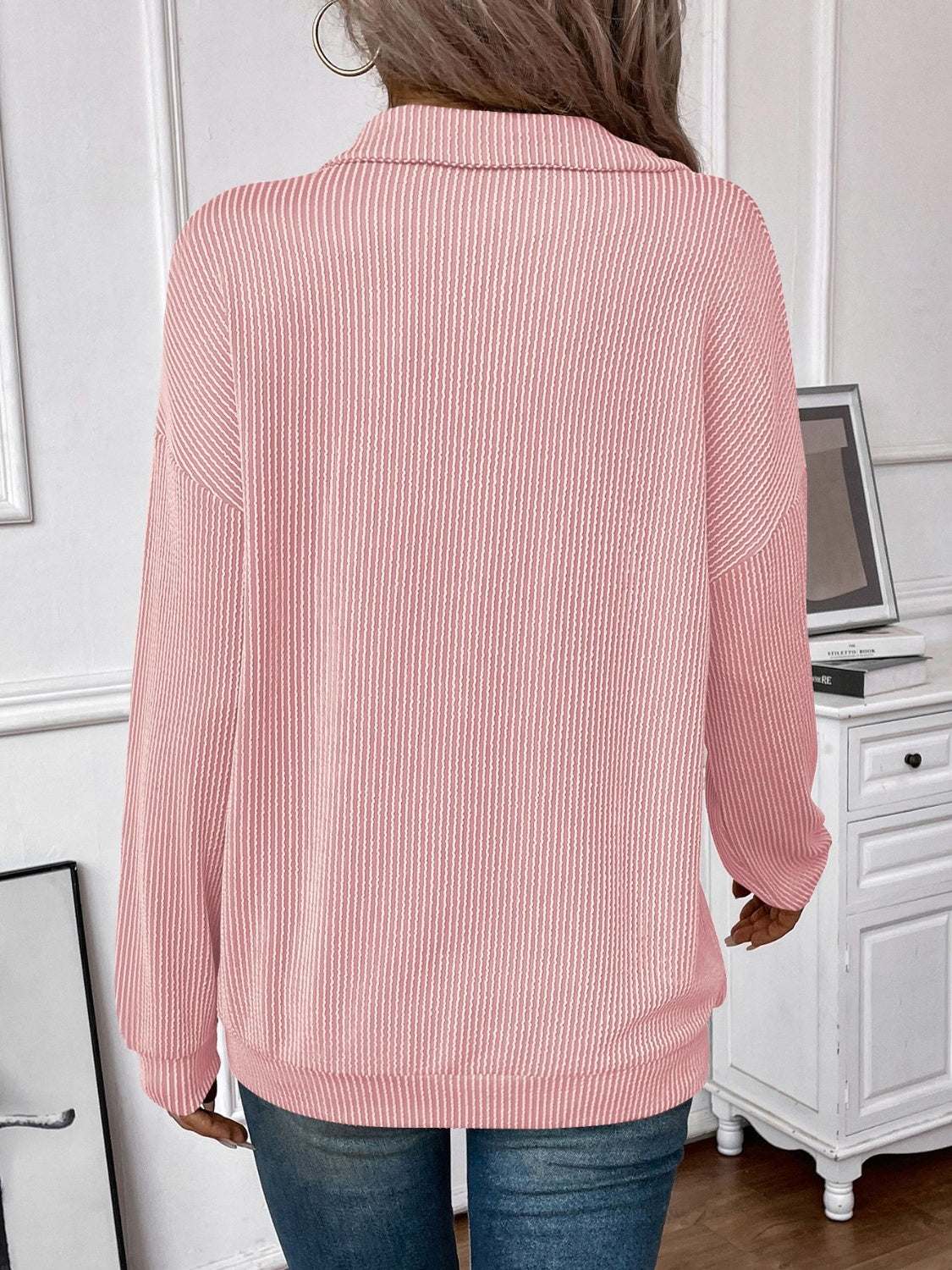 Double Take Striped Half Zip Long Sleeve T-Shirt Success Dusty Pink