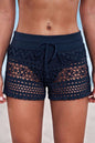 Full size drawstring waist swim shorts with lace openwork design.