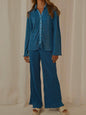 Collared neck long sleeve blue top and pants lounge set, buttoned, made of 100% polyester.