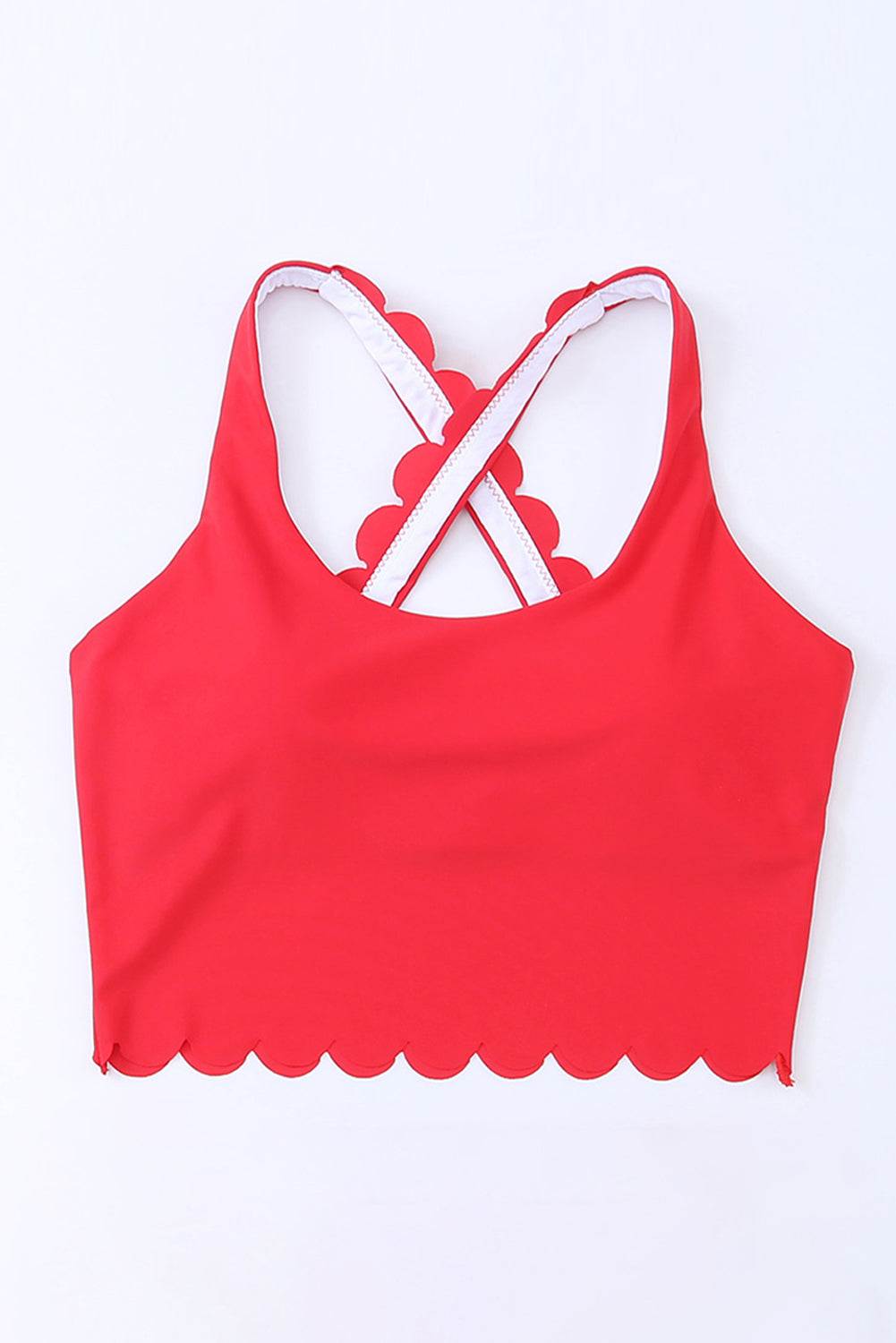 Crisscross Scoop Neck Swim Top in red with removable padding, no underwire.