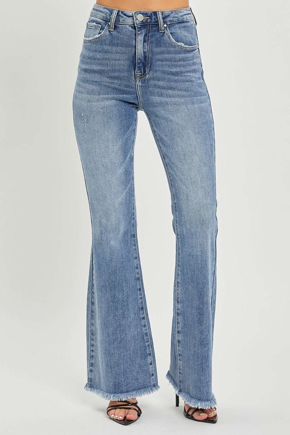 RISEN full size high waist raw hem flare jeans with pockets and slightly stretchy denim.