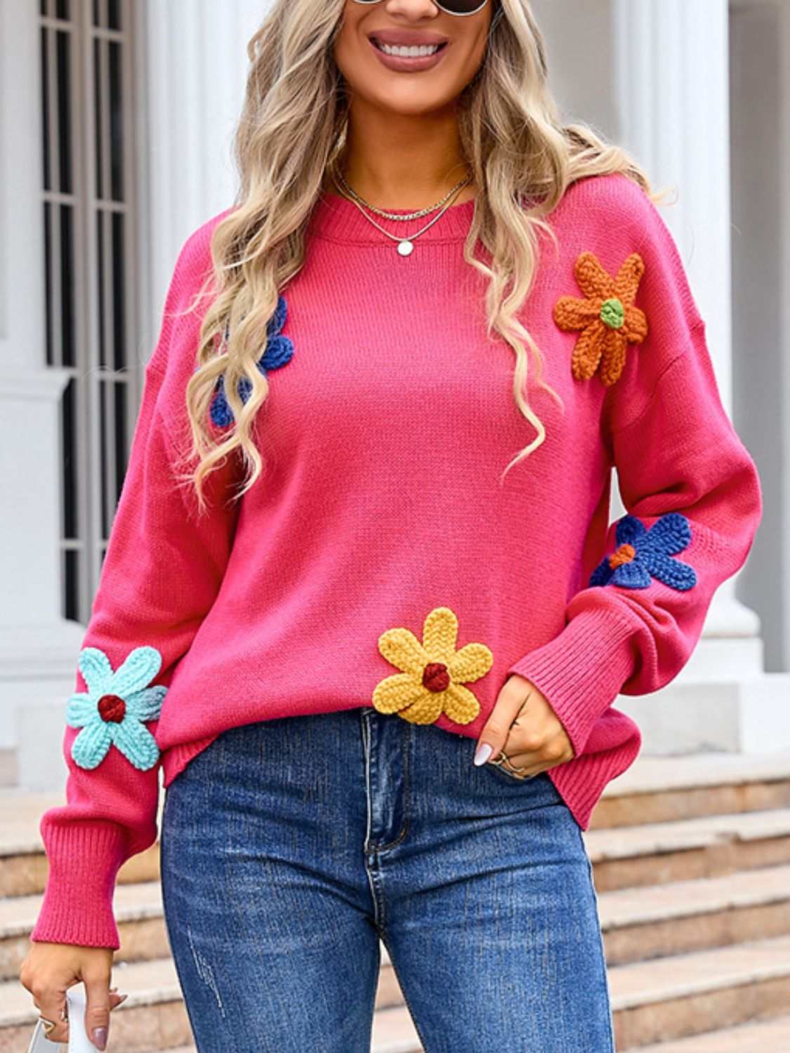 Angel Wings Crochet Flower Round Neck Sweater with vibrant floral design.