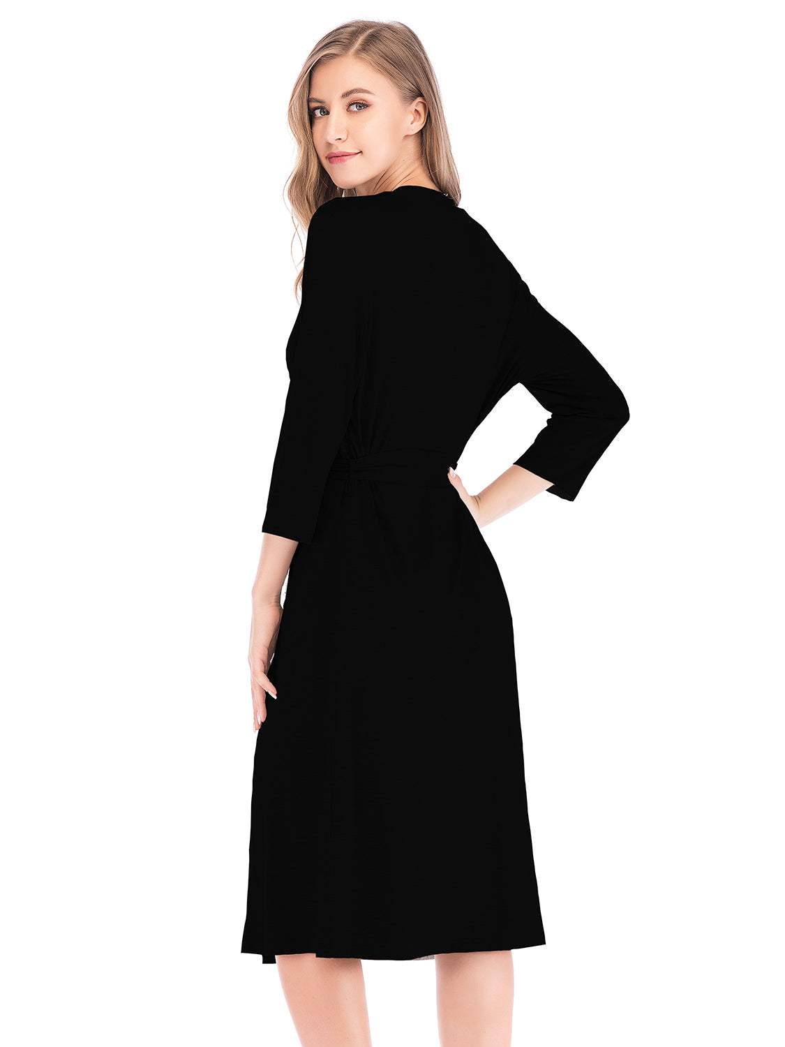 Black Plunge Tie Front Night Dress with 3/4 sleeves and flattering fit.