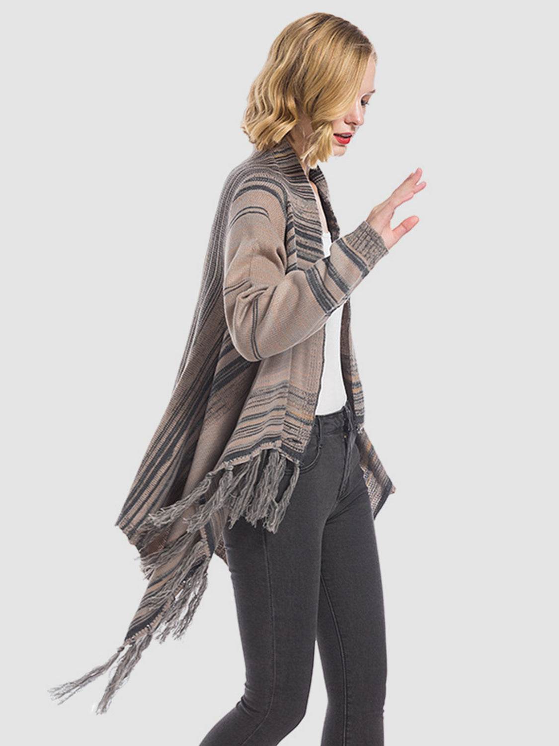 Angel Wings Tassel Striped Open Front Long Sleeve Cardigan