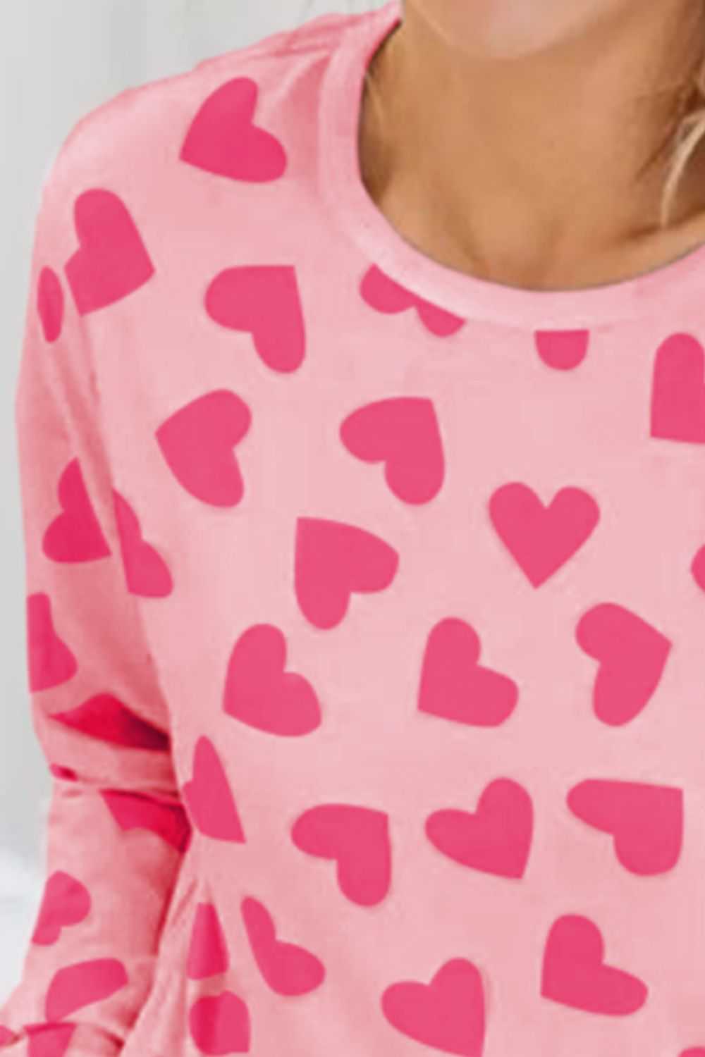 Heart Print Round Neck Lounge Set, Two-Piece, Pink, Slightly Stretchy, Polyester, Elastane