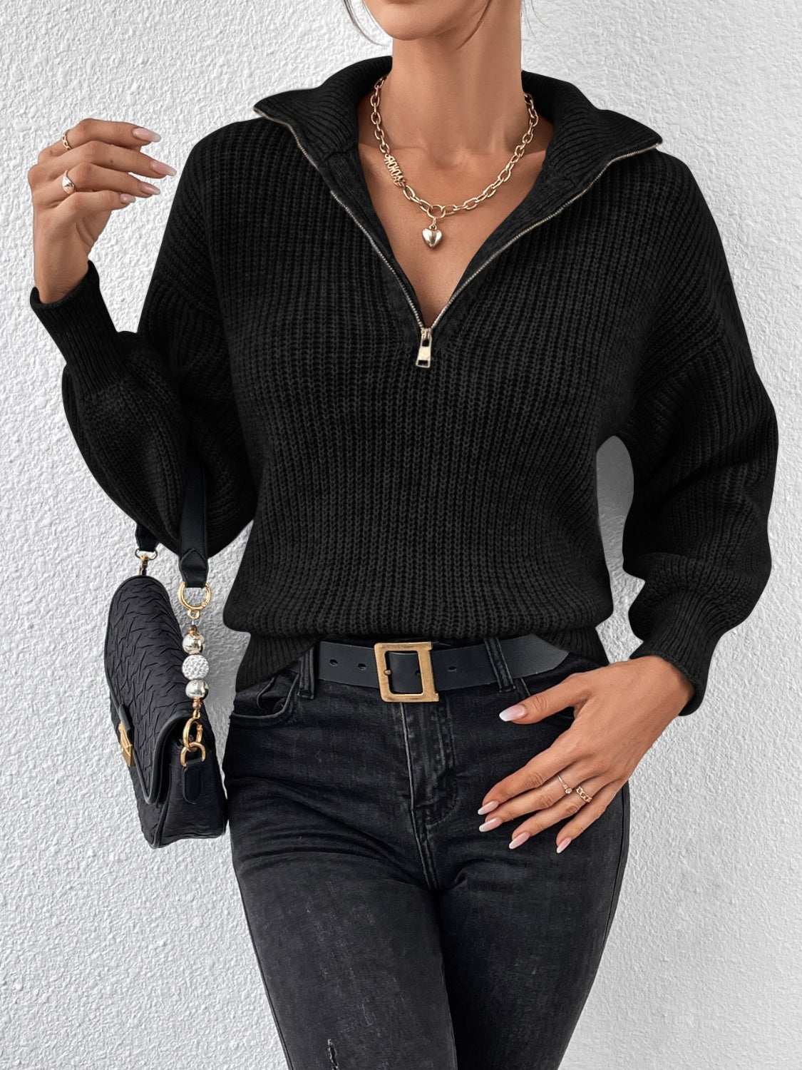 Honey Half Zip Dropped Shoulder Sweater Black