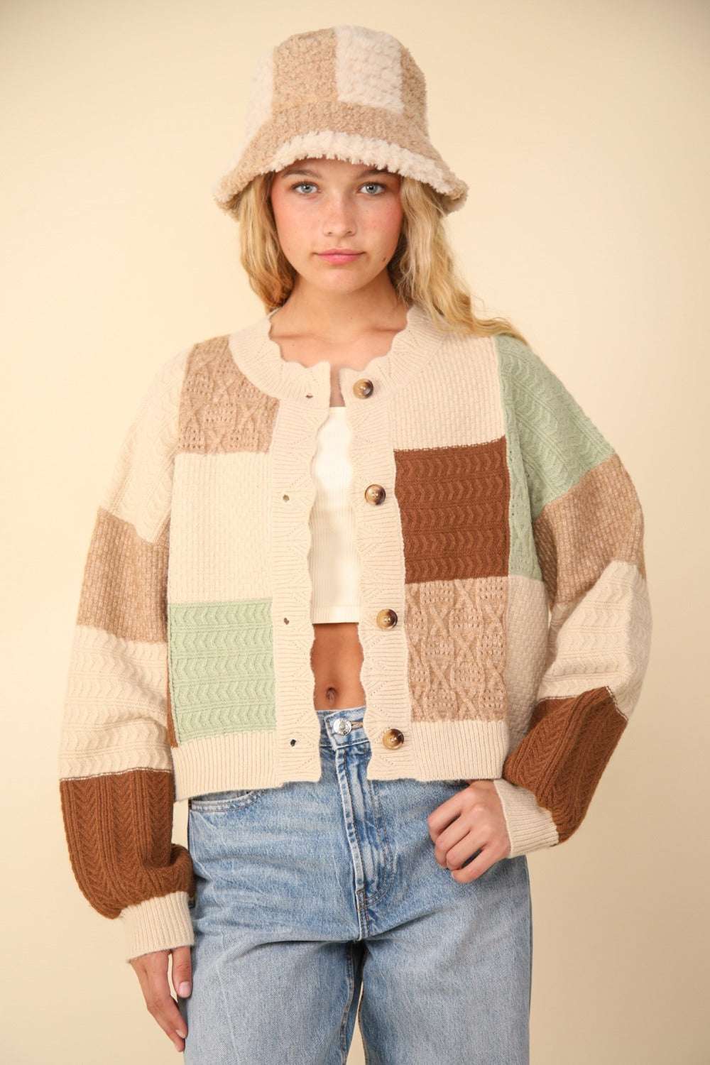 Color Block Button Down Textured Sweater Cardigan with drop shoulder and crop length design.