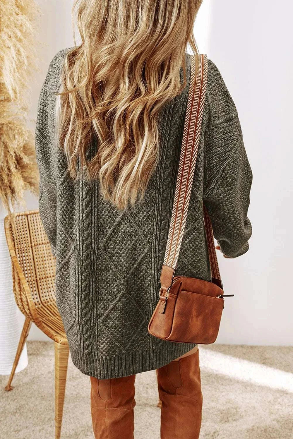 Cable-Knit Round Neck Sweater Dress Sage